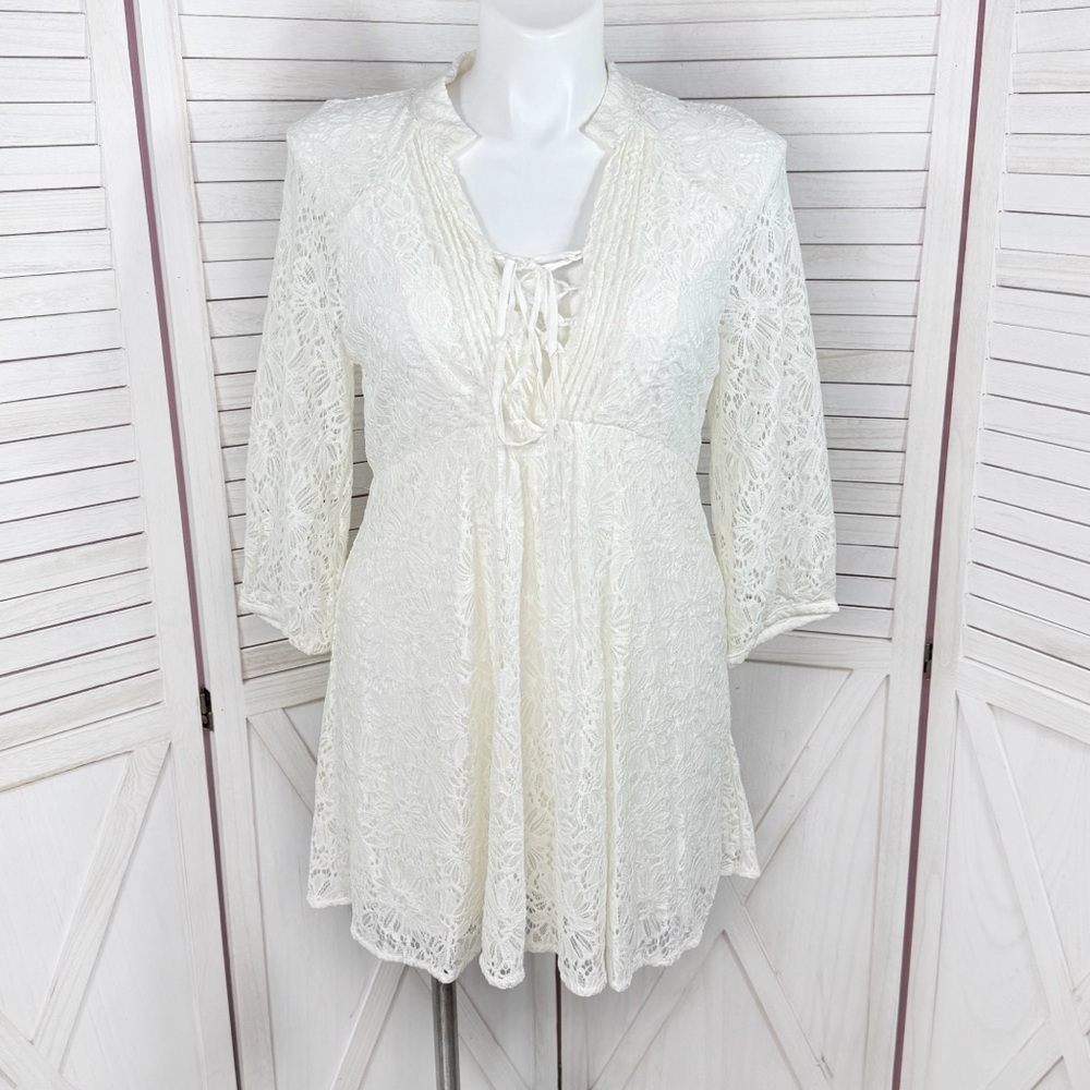 UMGEE Lace V Neck Babydoll Tunic Mini Dress Ivory Cream Large Boho Cottagecore